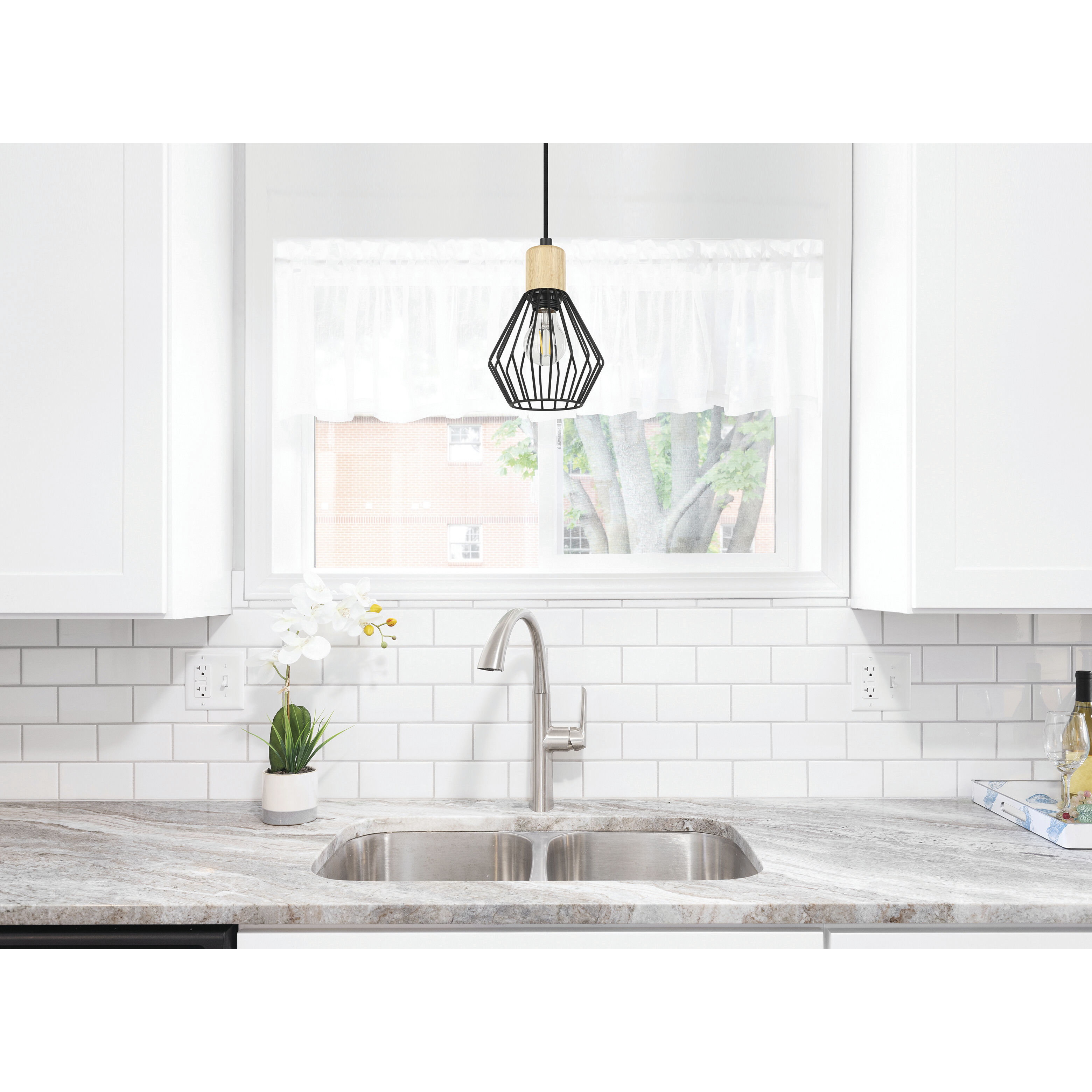 Palmorla 1 Light 6.25 inch Black and Natural Wood Pendant Ceiling Light