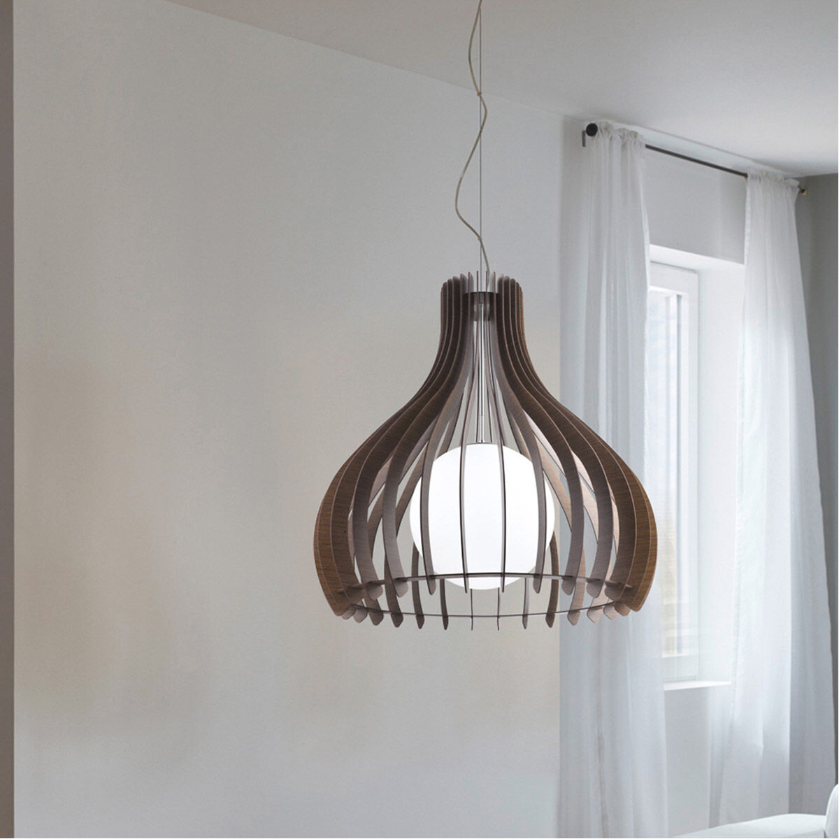 Tindori 1 Light 31.5 inch Pendant Ceiling Light, Dark Brown Wood, White Glass