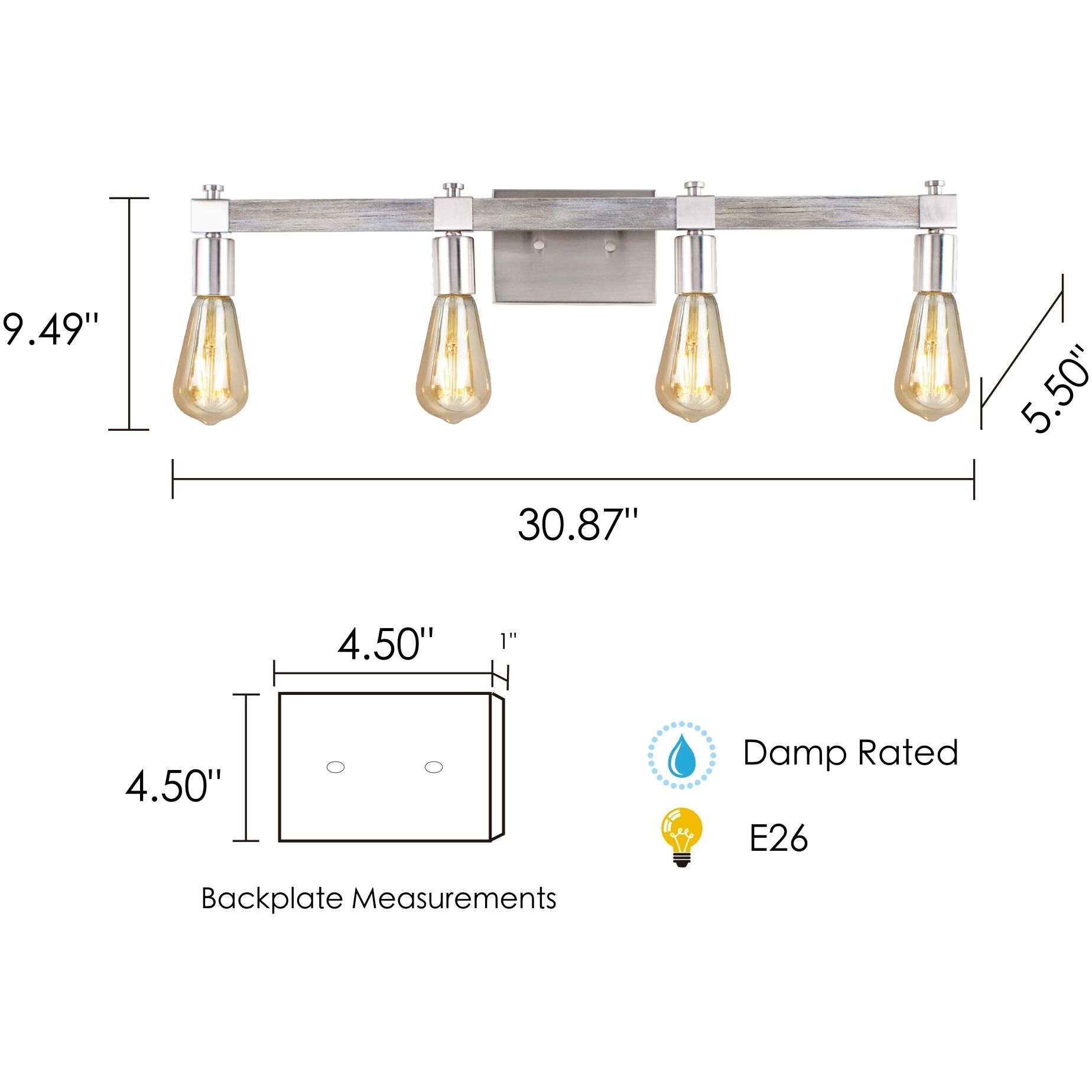 Westbury 4 Light 5.5 inch Painted Grey Wood Effect and Brushed Nickel Bath Vanity Wall Light