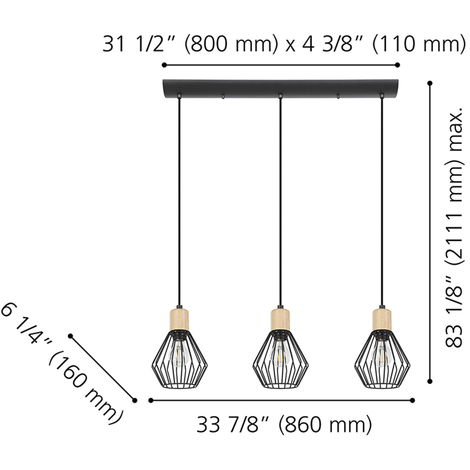 Palmorla 3 Light 2 inch Black and Natural Wood Pendant Ceiling Light